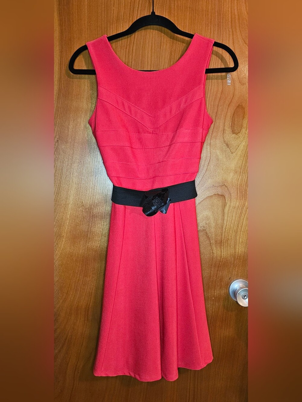 Ruby Rox Coral Pink Fit & Flare Skater Dress Black Floral Belt Retro Y2K